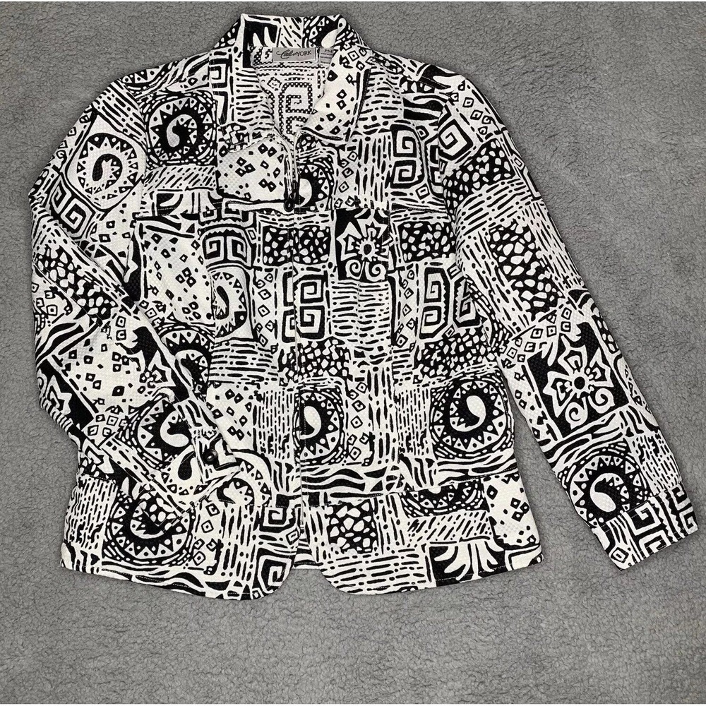 VTG Cali & York Jacket PM Abstract Artsy Retro 90s Black White Full Zip Collared